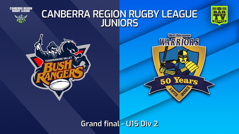 250907-video-Canberra Region Rugby League Juniors Grand final - U15 Div 2 - Tuggeranong Bushrangers v West Belconnen Warriors Juniors Slate Image