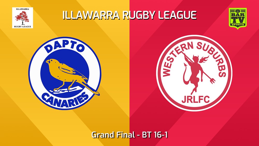 250829-video-Illawarra Rugby League Juniors Grand Final - BT 16-1 - Dapto Canaries v Devils Slate Image