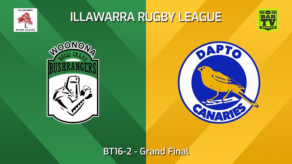 240816-video-Illawarra Rugby League Juniors Grand Final - BT16-2 - Woonona Bushrangers v Dapto Canaries JRL Slate Image